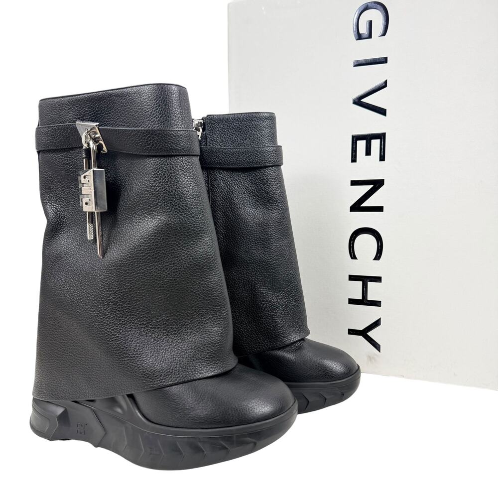 Givenchy Shark Lock Grained Calf Leather Wedge Biker Boots Black Size 39 - Picture 2 of 10